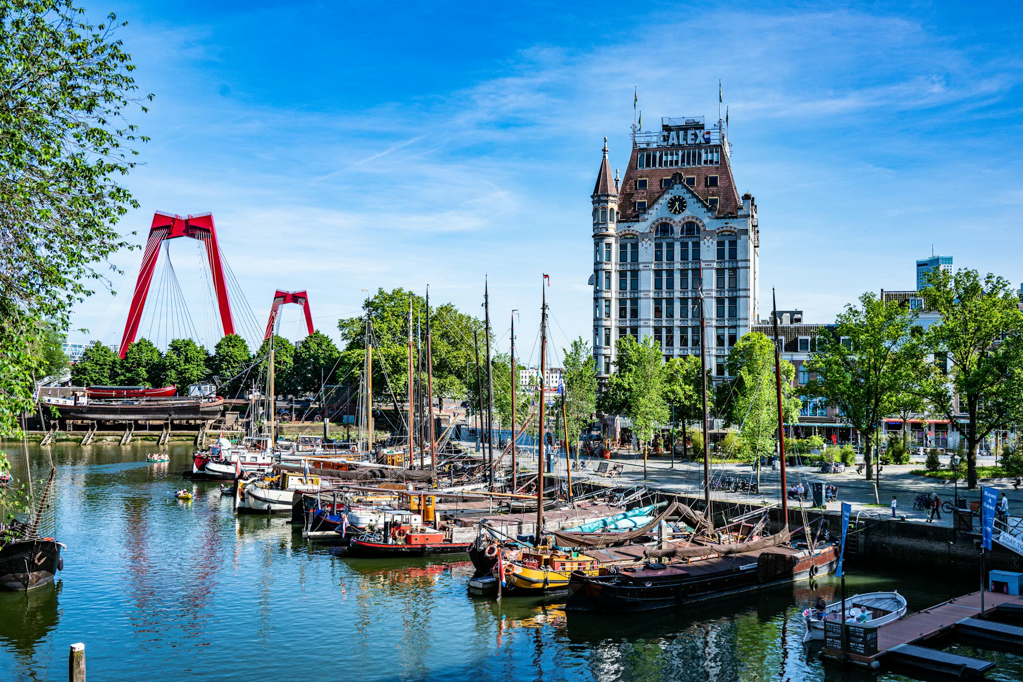 An old harbour in a European port city on a bright day